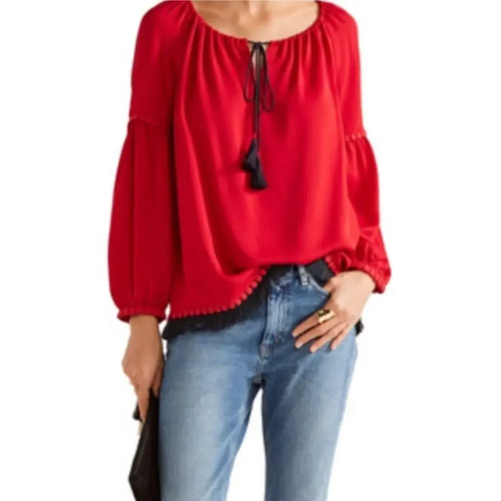 Tory Burch Sylvie Red Silk Tassel Tie Peasant Blouse